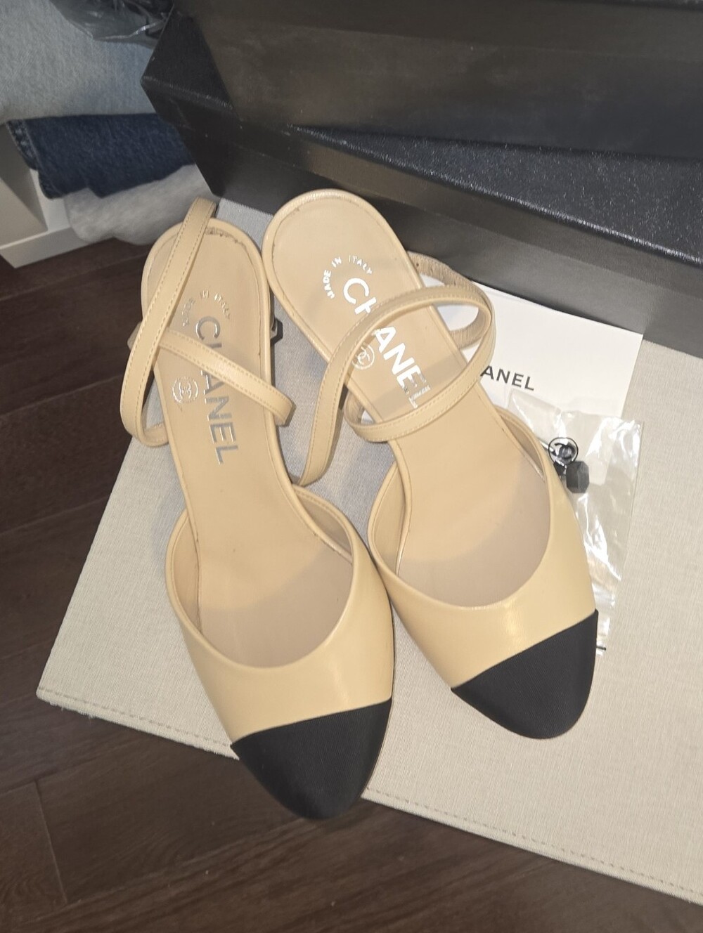 CHANEL Beige and Black Two-Tone Slingback Pumps